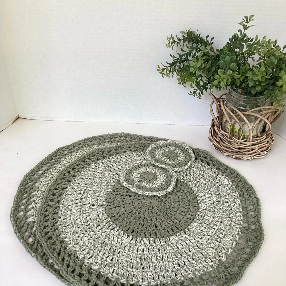 Placemat Coaster Set Hand Crafted Green White Cotton Crochet Boho